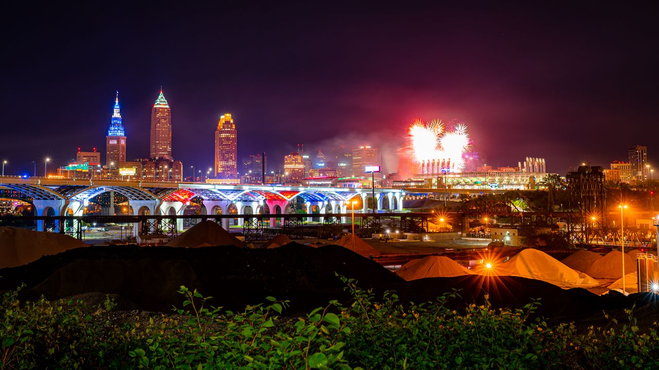 Wallpaper city, buildings, fireworks, sparks, dark