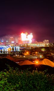 Preview wallpaper city, buildings, fireworks, sparks, dark