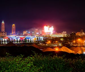 Preview wallpaper city, buildings, fireworks, sparks, dark