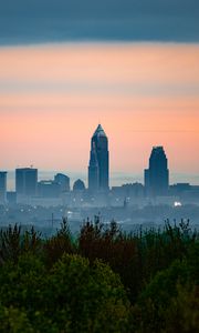 Preview wallpaper city, buildings, fog, panorama, architecture, view, trees