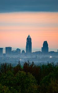 Preview wallpaper city, buildings, fog, panorama, architecture, view, trees