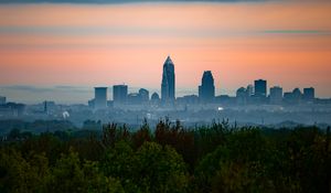 Preview wallpaper city, buildings, fog, panorama, architecture, view, trees