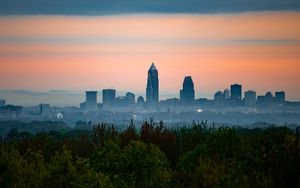 Preview wallpaper city, buildings, fog, panorama, architecture, view, trees