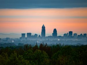 Preview wallpaper city, buildings, fog, panorama, architecture, view, trees