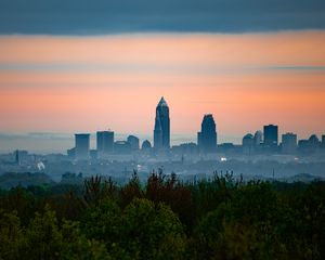 Preview wallpaper city, buildings, fog, panorama, architecture, view, trees
