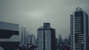 Preview wallpaper city, buildings, fog, lights