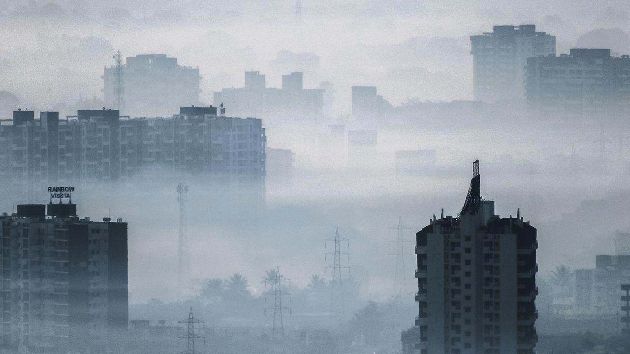 Wallpaper city, buildings, fog, aerial view, illusion