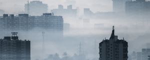 Preview wallpaper city, buildings, fog, aerial view, illusion