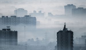 Preview wallpaper city, buildings, fog, aerial view, illusion
