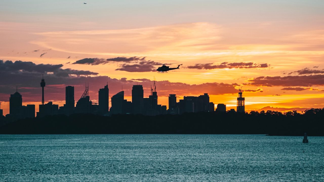 Wallpaper city, buildings, helicopter, coast, dusk, dark