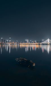 Preview wallpaper city, buildings, lake, lights, reflection, night, dark