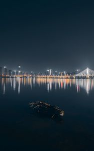 Preview wallpaper city, buildings, lake, lights, reflection, night, dark
