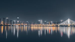 Preview wallpaper city, buildings, lake, lights, reflection, night, dark