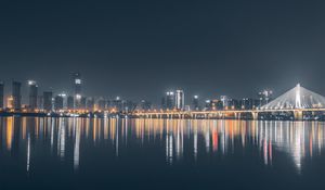 Preview wallpaper city, buildings, lake, lights, reflection, night, dark