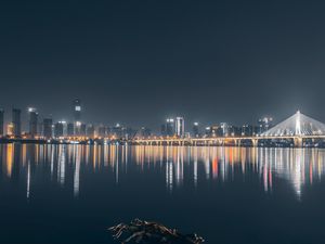 Preview wallpaper city, buildings, lake, lights, reflection, night, dark