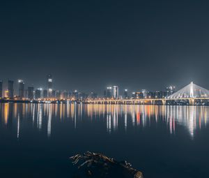 Preview wallpaper city, buildings, lake, lights, reflection, night, dark