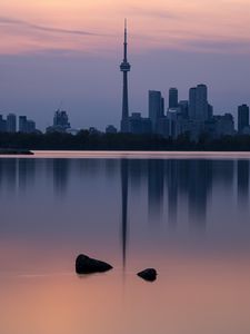 Preview wallpaper city, buildings, lake, water, reflection, dusk