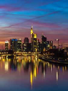 Preview wallpaper city, buildings, lake, lights, reflection, twilight