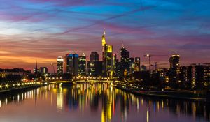 Preview wallpaper city, buildings, lake, lights, reflection, twilight