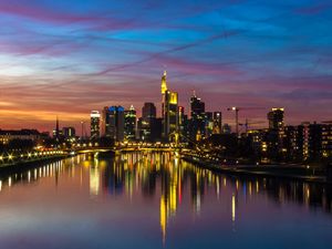 Preview wallpaper city, buildings, lake, lights, reflection, twilight