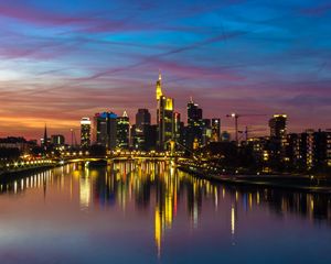 Preview wallpaper city, buildings, lake, lights, reflection, twilight