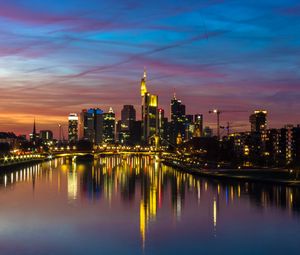 Preview wallpaper city, buildings, lake, lights, reflection, twilight