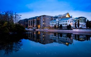 Preview wallpaper city, buildings, lake, reflection, twilight