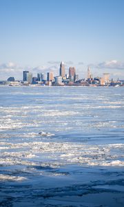 Preview wallpaper city, buildings, lake, ice, winter