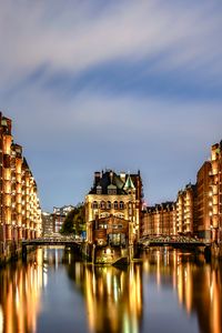 Preview wallpaper city, buildings, light, river, reflection, twilight