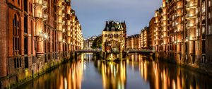 Preview wallpaper city, buildings, light, river, reflection, twilight