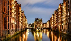 Preview wallpaper city, buildings, light, river, reflection, twilight