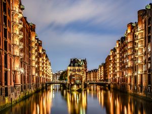 Preview wallpaper city, buildings, light, river, reflection, twilight