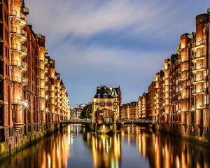 Preview wallpaper city, buildings, light, river, reflection, twilight