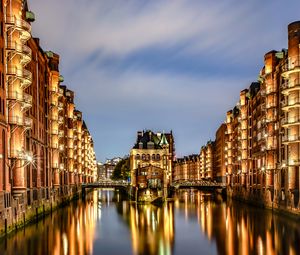 Preview wallpaper city, buildings, light, river, reflection, twilight