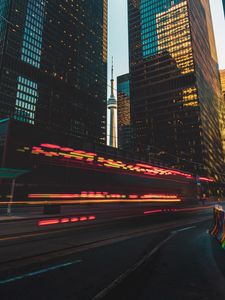 Preview wallpaper city, buildings, lights, movement, road, long exposure