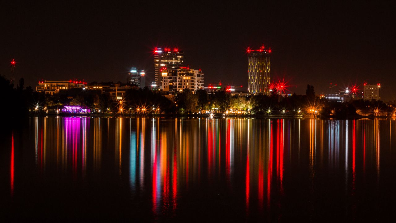 Wallpaper city, buildings, lights, glow, reflection