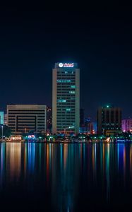 Preview wallpaper city, buildings, lights, night, reflection