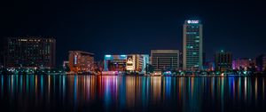 Preview wallpaper city, buildings, lights, night, reflection