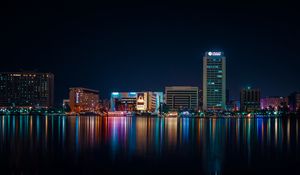 Preview wallpaper city, buildings, lights, night, reflection