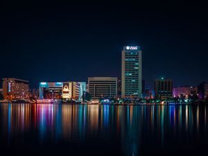 Preview wallpaper city, buildings, lights, night, reflection