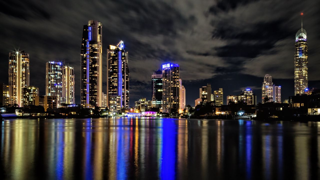 Wallpaper city, buildings, lights, reflection, night, dark