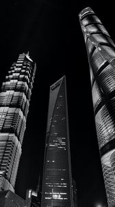 Preview wallpaper city, buildings, lights, bottom view, bw