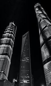 Preview wallpaper city, buildings, lights, bottom view, bw