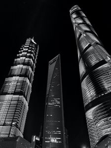 Preview wallpaper city, buildings, lights, bottom view, bw