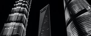 Preview wallpaper city, buildings, lights, bottom view, bw