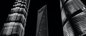 Preview wallpaper city, buildings, lights, bottom view, bw