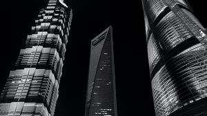 Preview wallpaper city, buildings, lights, bottom view, bw