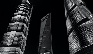 Preview wallpaper city, buildings, lights, bottom view, bw