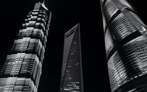 Preview wallpaper city, buildings, lights, bottom view, bw