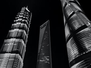 Preview wallpaper city, buildings, lights, bottom view, bw